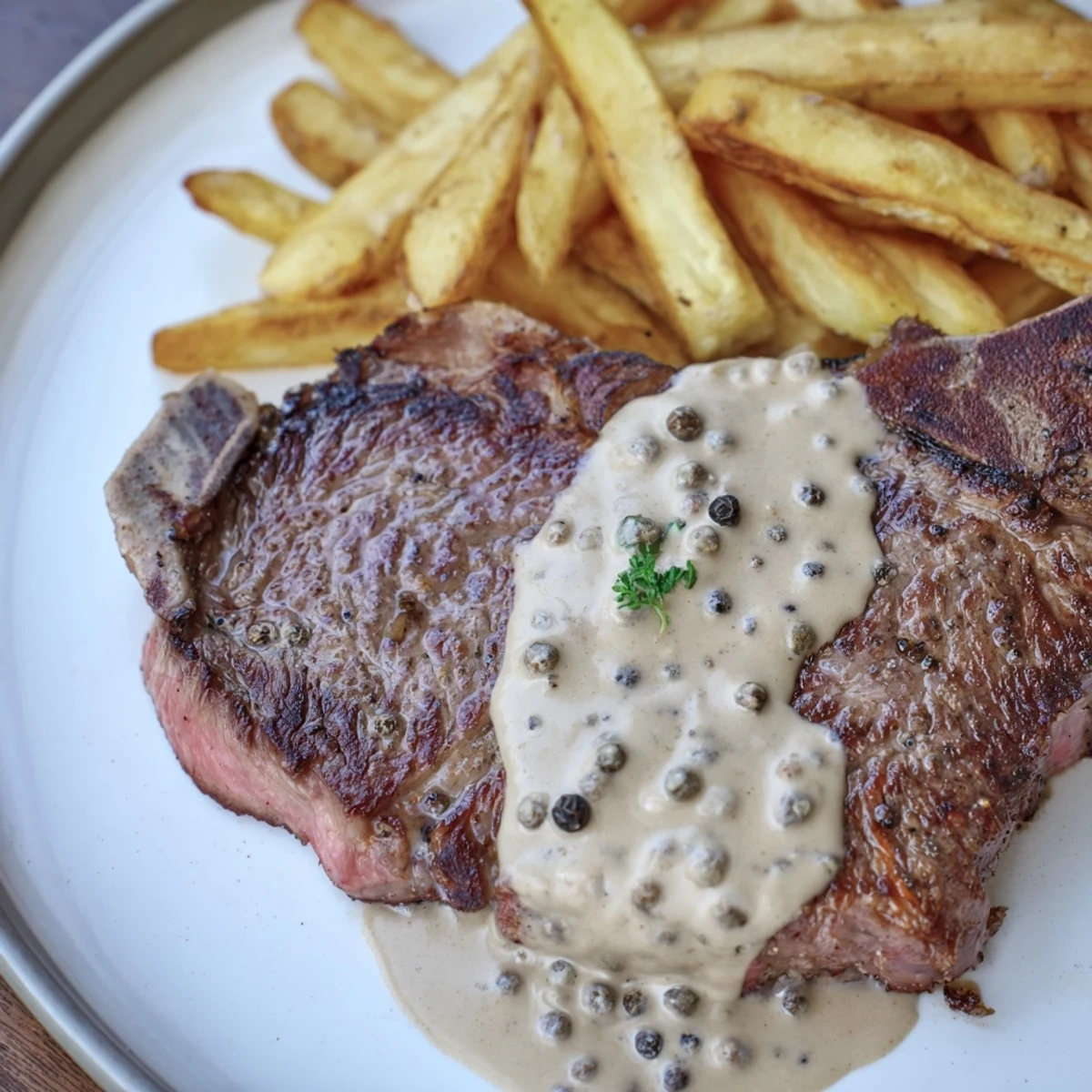 This image shows juicy, perfectly cooked classic peppercorn ribeye, ready to eat alongside fries.