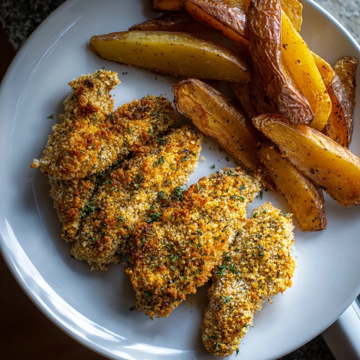 Golden herbed chicken tenders served alongside crispy, flavorful potato wedges for dinner.