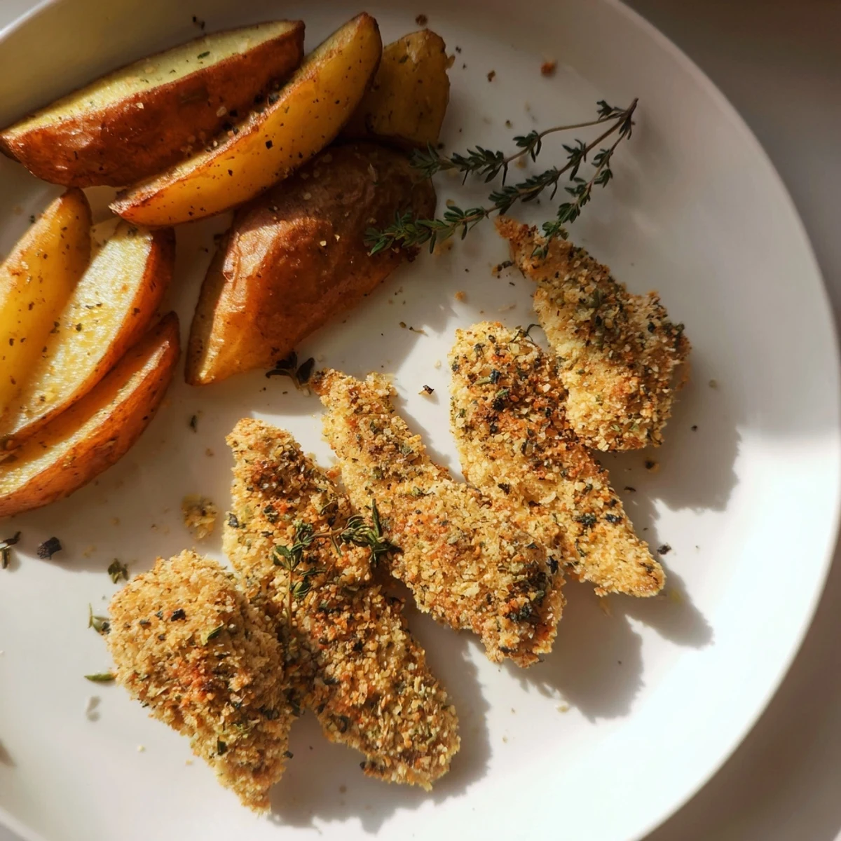 Sizzling herbed chicken tenders alongside golden potato wedges, ready to eat for a satisfying dinner.