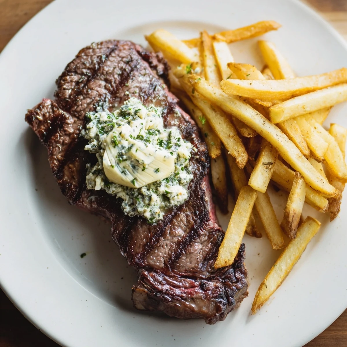 Juicy Steakhouse Garlic Butter Steak & Fries, perfectly cooked ribeye with flavorful garlic butter, ready to serve.