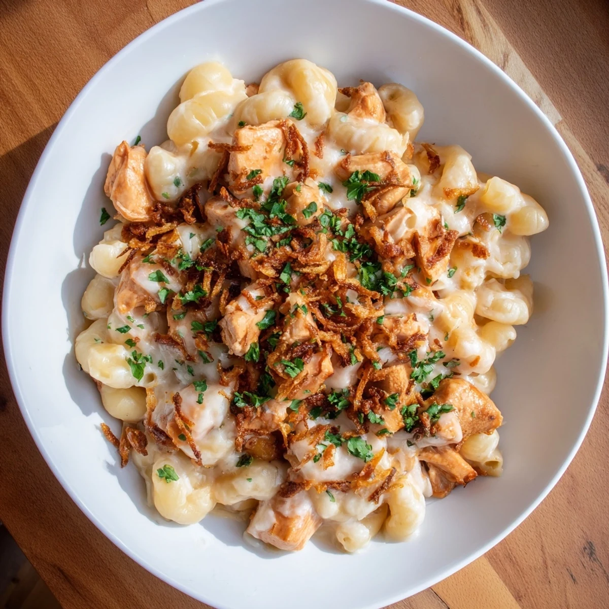 A close-up of bubbling One-Pot Honey BBQ Chicken Mac and Cheese, ready to serve with crispy onions.