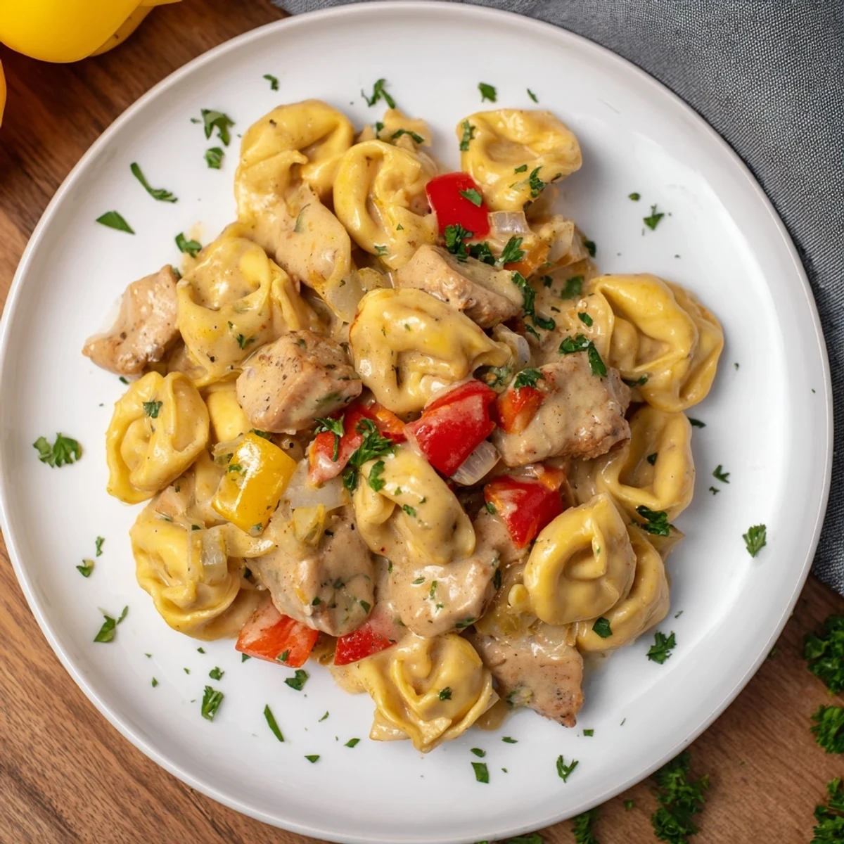 Creamy Zesty Cajun Garlic Parmesan Chicken Tortellini, a flavorful dinner with vibrant red peppers and parsley.