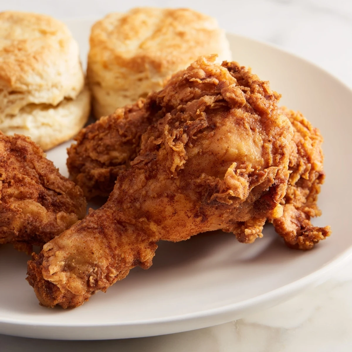 Picture this: perfectly cooked Southern Fried Chicken and warm buttermilk biscuits, a Southern feast.