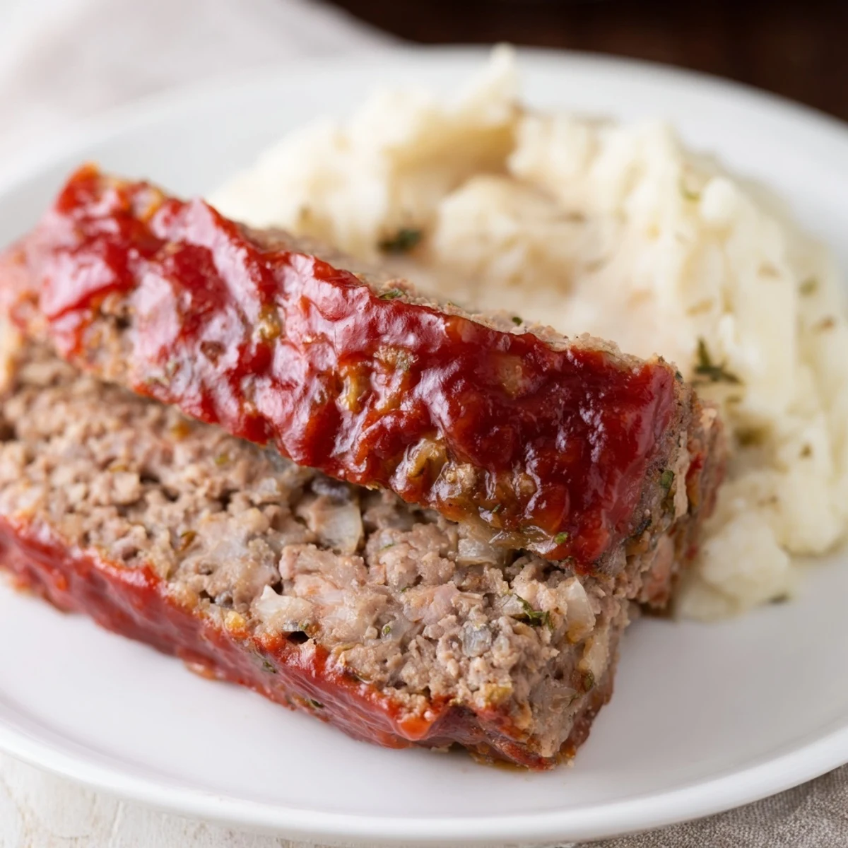 Juicy Classic Meatloaf & Mashed Potatoes with a glossy glaze, perfectly plated for a comforting meal.