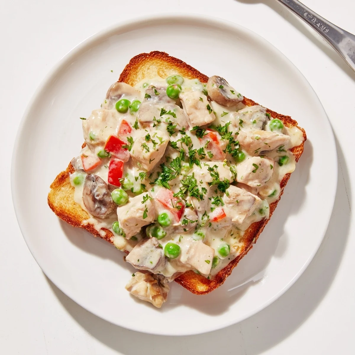 Creamy Chicken à la King over toast, a comforting American classic with tender chicken and veggies.