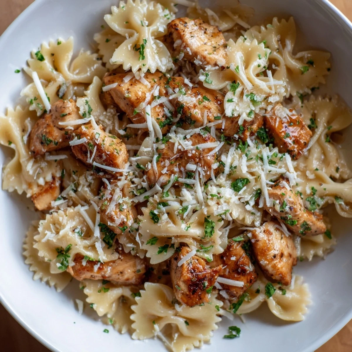 Golden-brown mozzarella garlic butter chicken bowtie pasta, a comforting Italian-American main course.