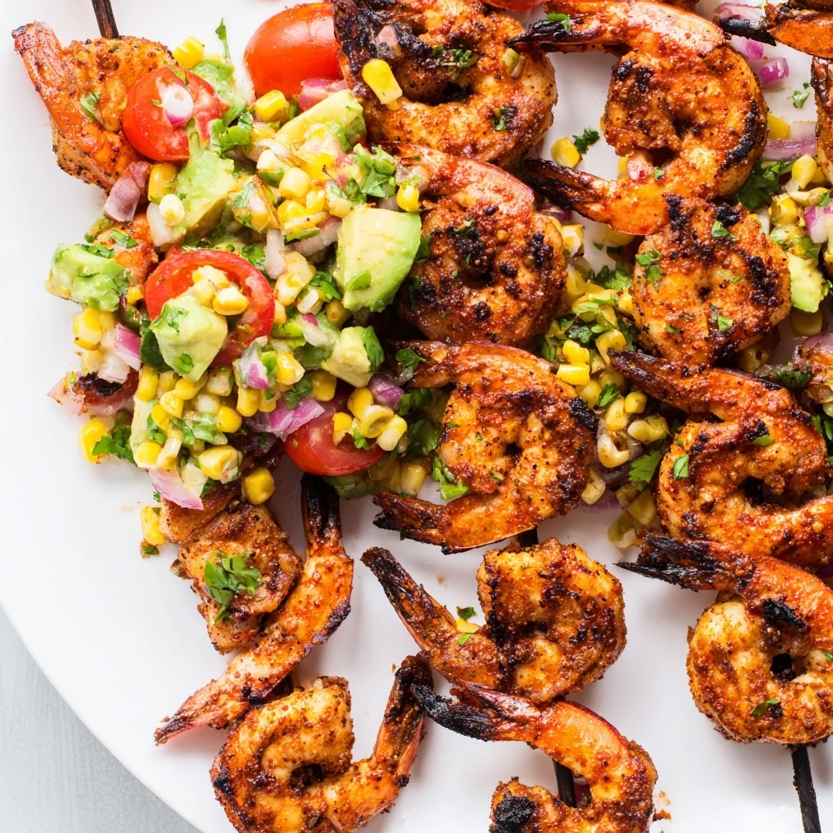 A vibrant Easy Grilled Shrimp Bowl with Avocado Corn Salsa, featuring fresh corn salsa and perfectly grilled shrimp.