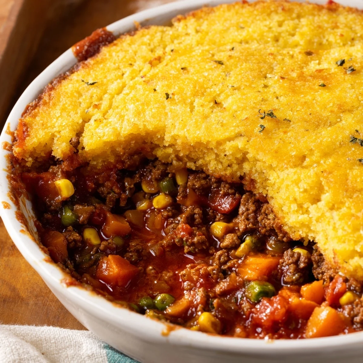A warm, comforting image of a freshly baked Cornbread Crusted Beef Pie, ready to serve for dinner.