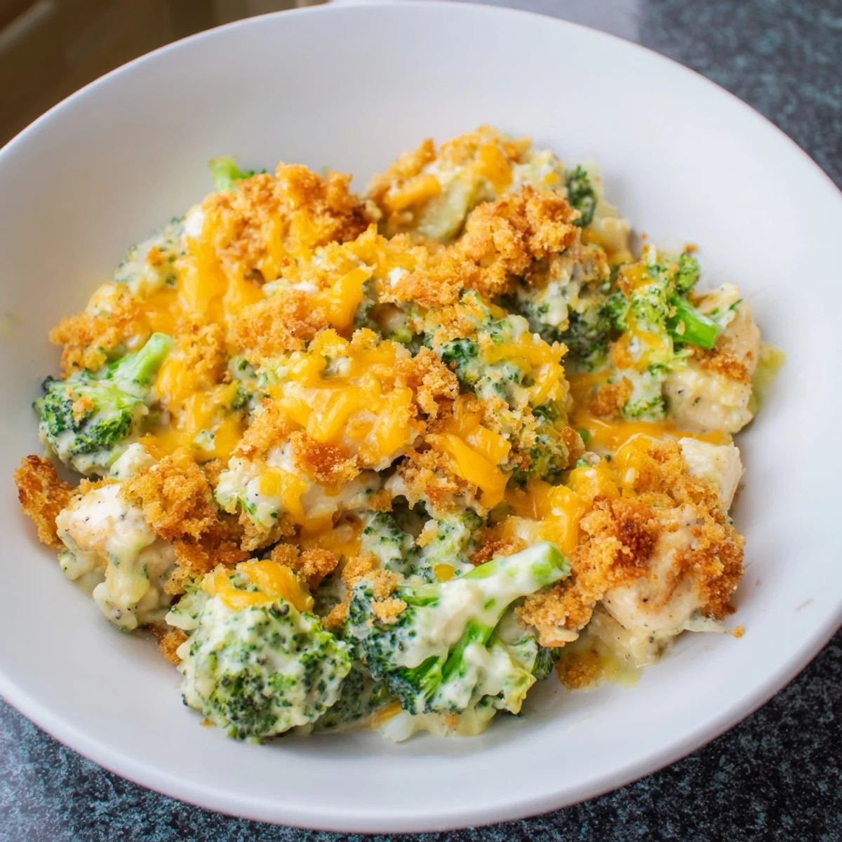 Close-up of creamy Cheddar Broccoli Chicken Bake, showcasing tender chicken and vibrant broccoli florets.