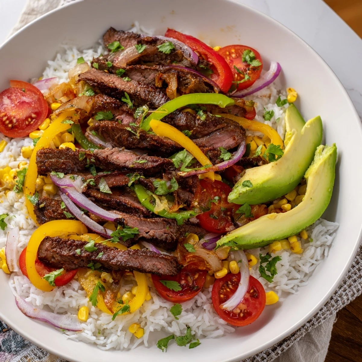 Smoky BBQ Steak Fajita Bowls with colorful peppers, tender steak, and fresh toppings, ready to enjoy.