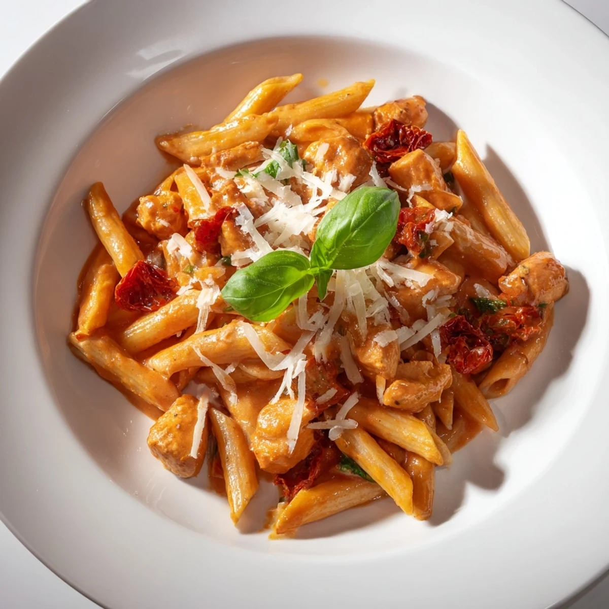 Creamy Tomato Basil Chicken Pasta: A rich plate with glistening pasta and tender chicken in a creamy sauce.