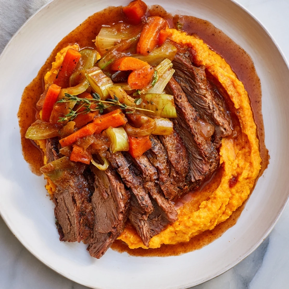 Fork-tender classic brisket slices sit beside creamy mashed sweet potatoes, ready to be enjoyed.