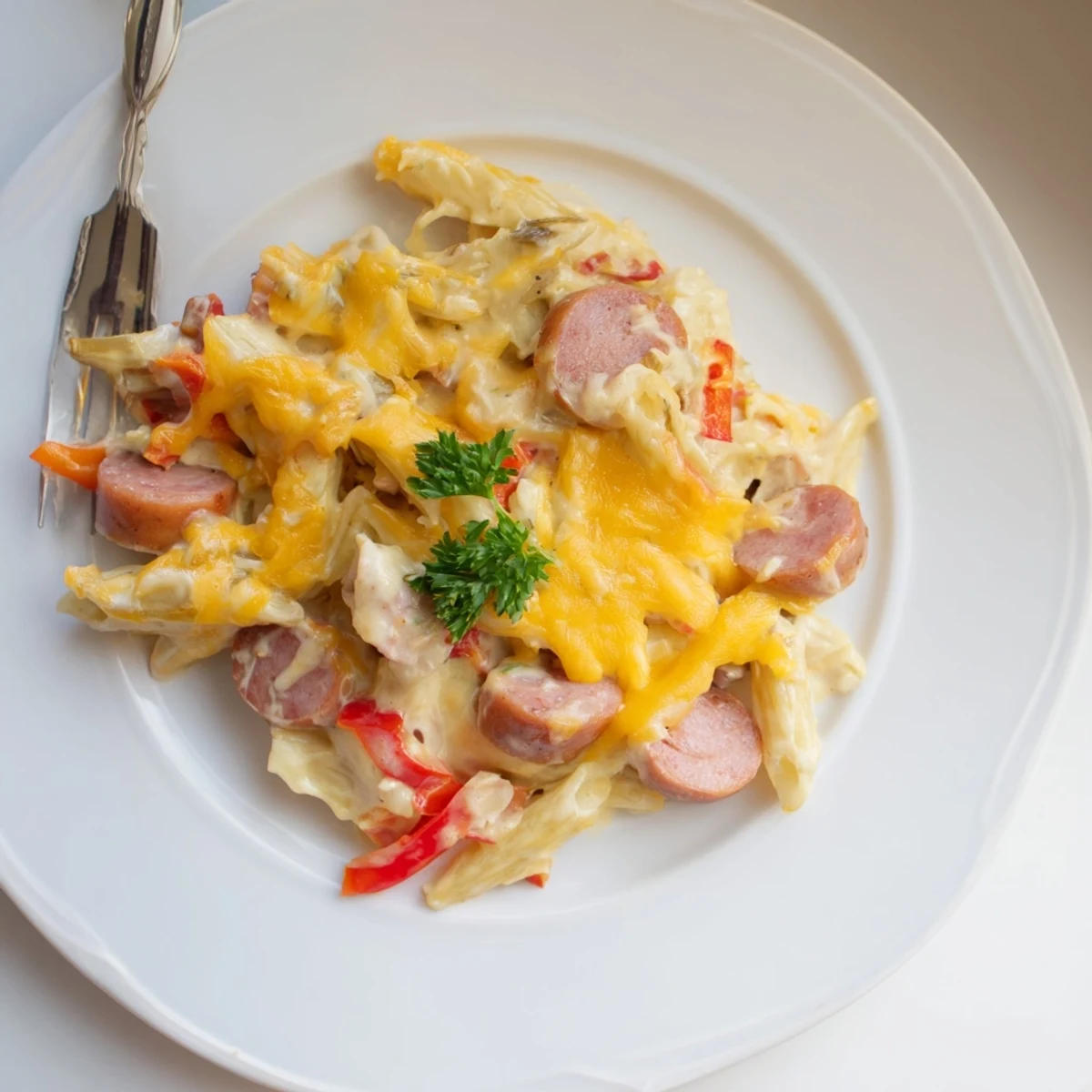 A close up shows the delicious, cheesy Smoked Sausage & Cheddar Pasta Bake just out of the oven.