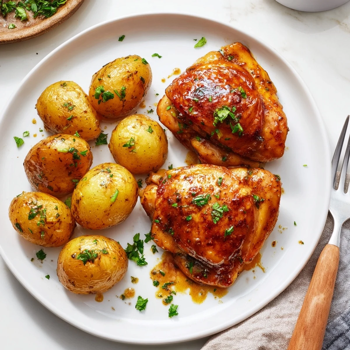 Golden-brown honey mustard chicken with crispy potatoes, perfect for a flavorful weeknight dinner.