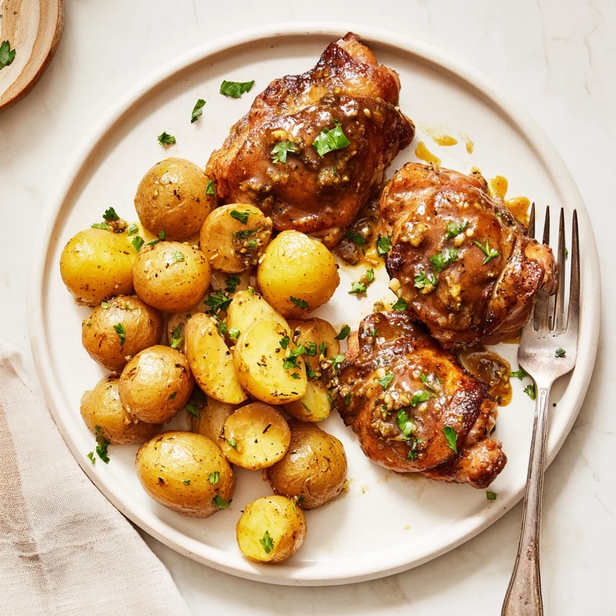Tender chicken and potatoes in a honey mustard glaze, a savory American comfort food meal.