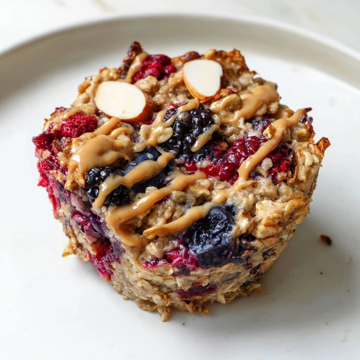 Close-up of baked oatmeal cups featuring juicy berries and a drizzle of almond butter, perfect for a grab-and-go snack.