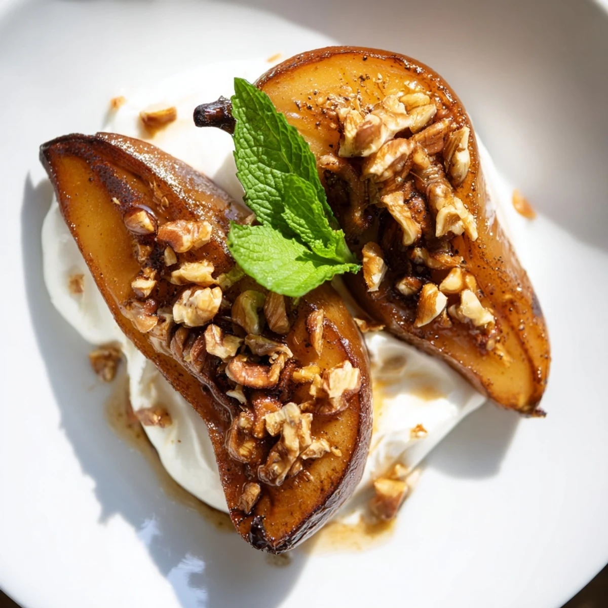 Warm roasted pears with cinnamon, walnuts, and Greek yogurt, a delightful dessert.