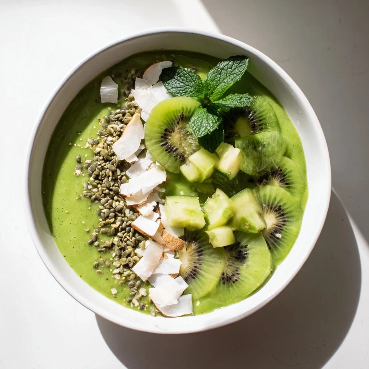 A creamy green smoothie bowl with kale, kiwi, and avocado, ready for a healthy breakfast.