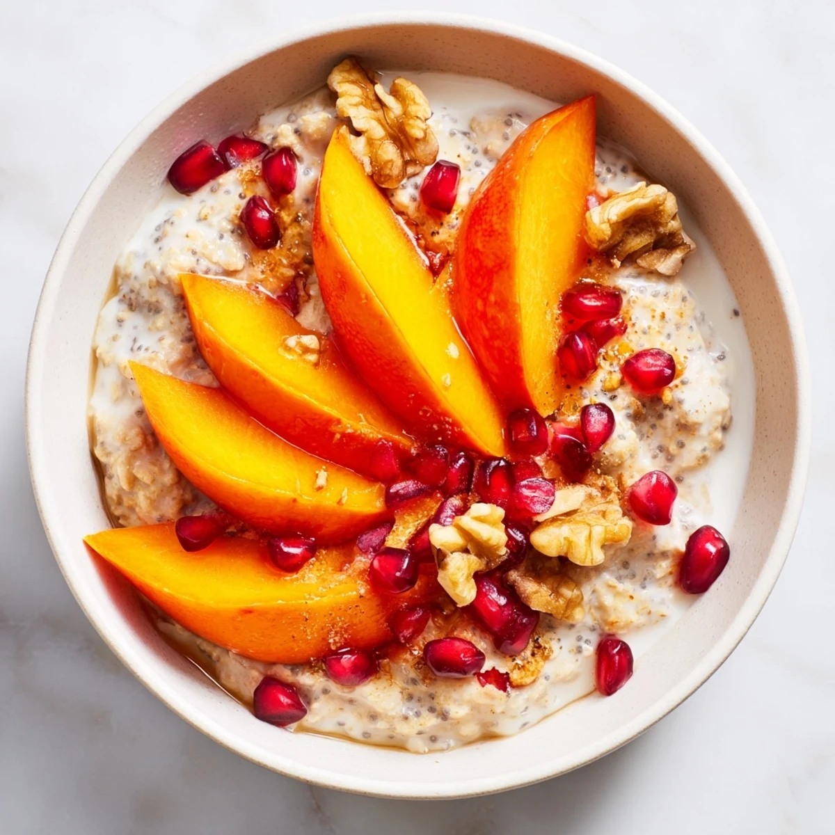 A bowl of creamy overnight oats with persimmon, pomegranate, and chia seeds, a healthy breakfast.