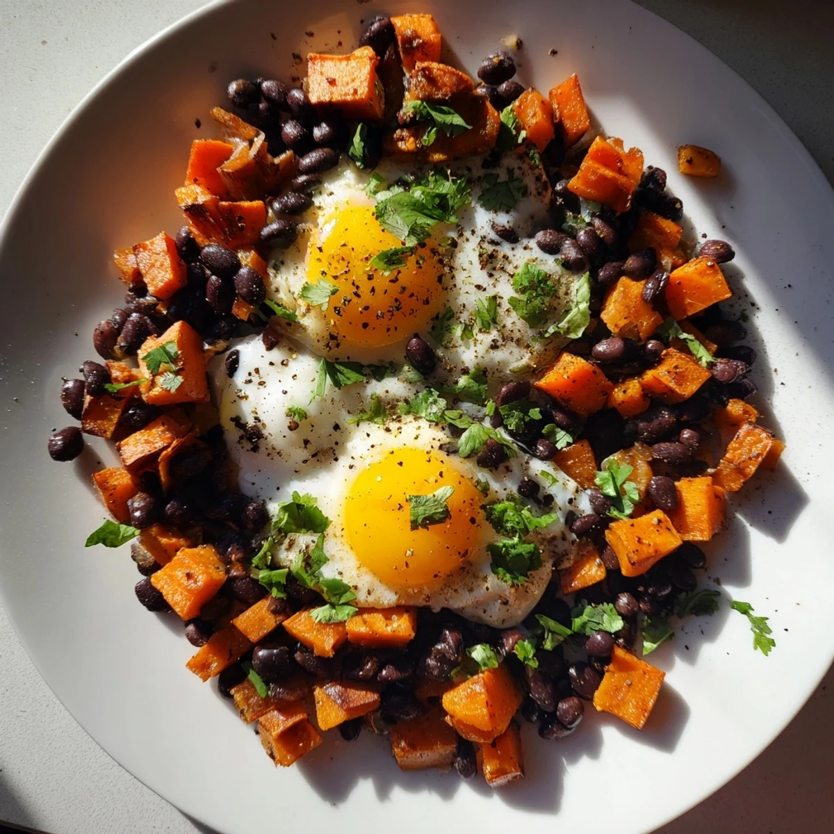 Golden, fluffy eggs atop a vibrant Sweet Potato & Black Bean Breakfast Hash, ready to eat.