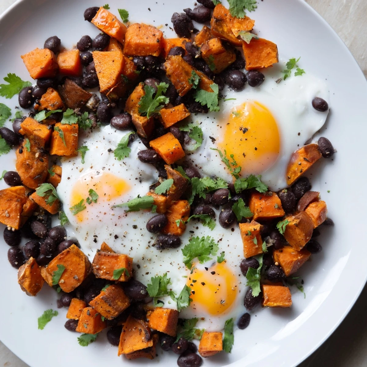 A close-up of a delicious Sweet Potato & Black Bean Breakfast Hash with perfectly cooked sunny side up eggs.