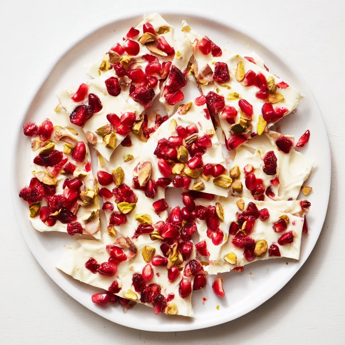 Sweet and tart Frozen Yogurt Bark with vibrant pomegranate and crunchy pistachios in focus.