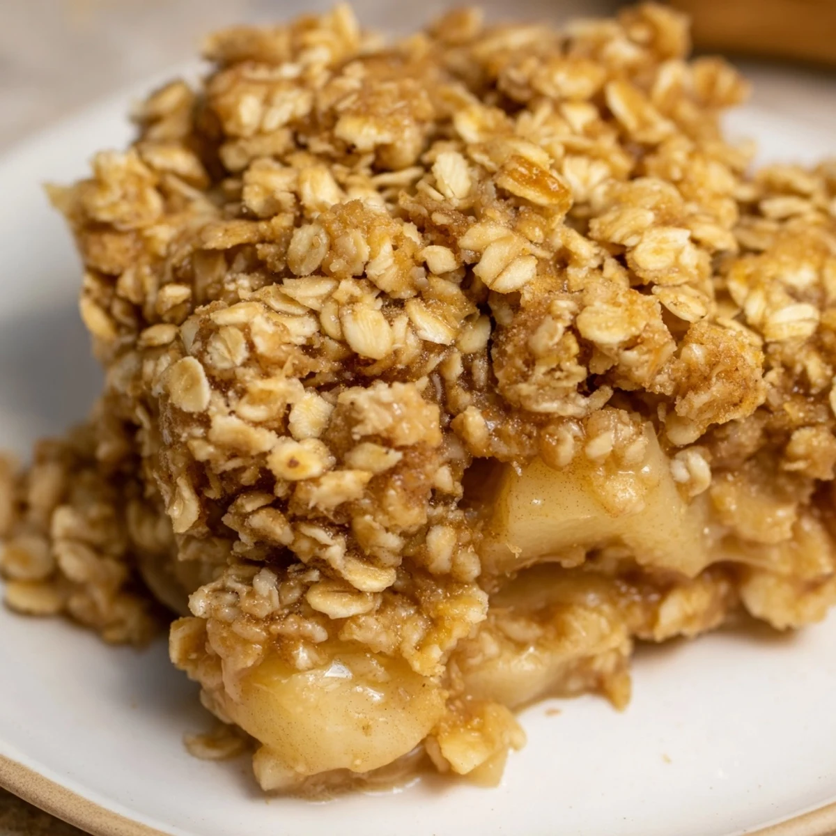 Deliciously baked apple crisp, showcasing a rustic oat crumble over tender, juicy apple slices.