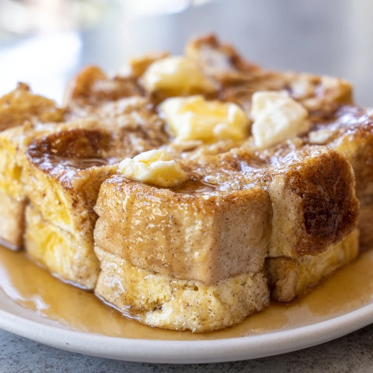 Golden-brown French Toast Bake, a comforting breakfast casserole perfect served with berries and syrup.