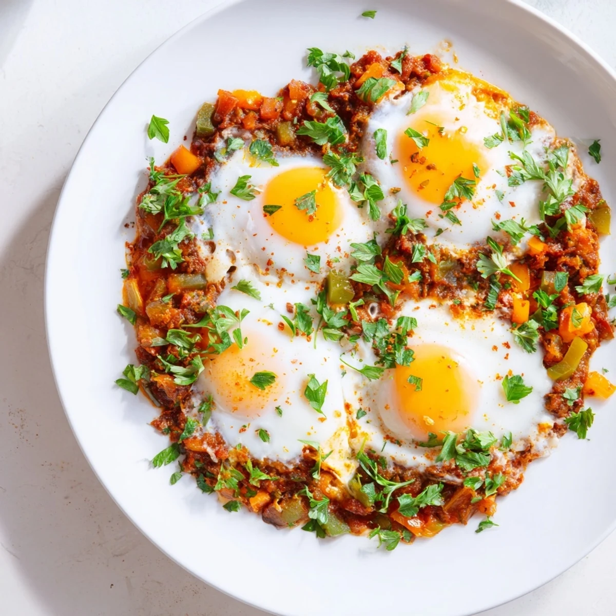 Close-up of bubbling Shakshuka, vibrant red tomato sauce surrounding perfectly poached eggs.