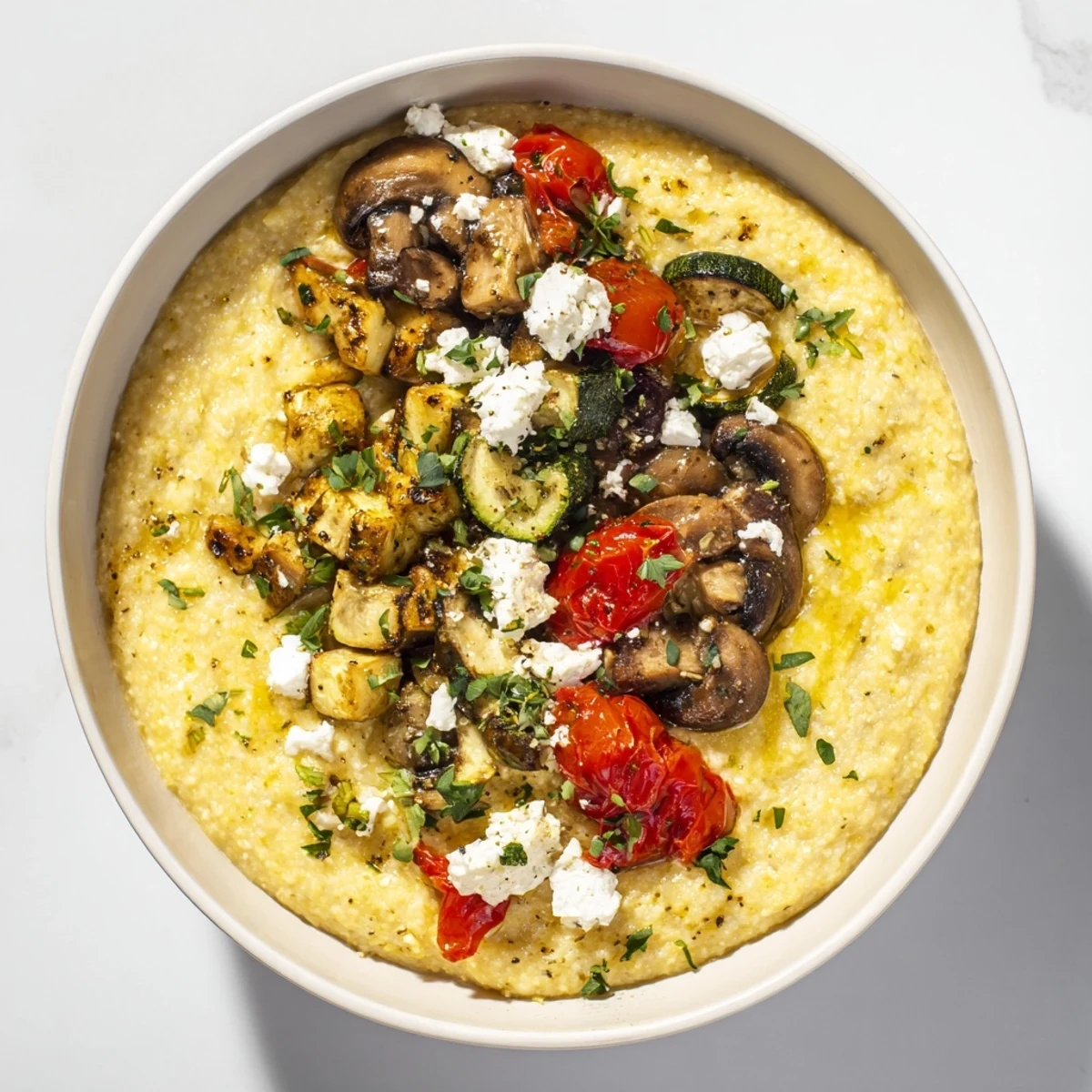 Hearty cornmeal mush polenta bowls with a variety of toppings, ready for a delicious, healthy meal.