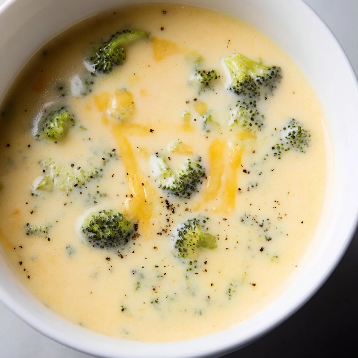 Thick and velvety Broccoli Cheese Soup, ready to be enjoyed with a fresh slice of crusty bread.
