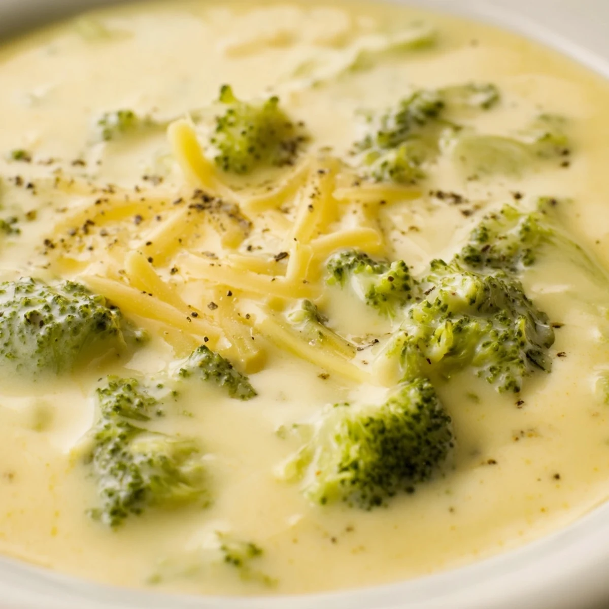 A steaming bowl of creamy Broccoli Cheese Soup, garnished with melted cheddar and black pepper.