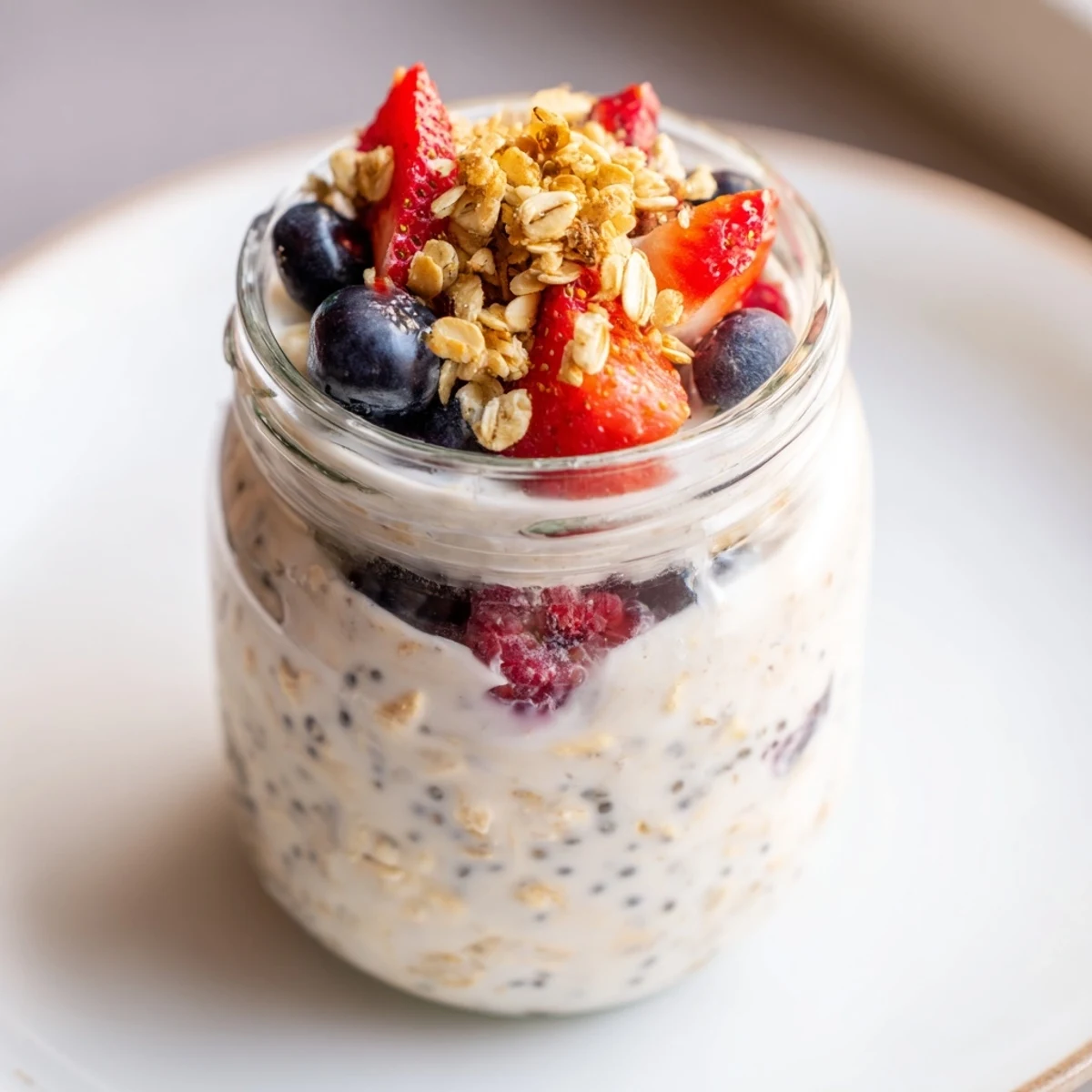 Delicious layers of overnight oats in jars, showcasing fresh berries and creamy yogurt for breakfast.
