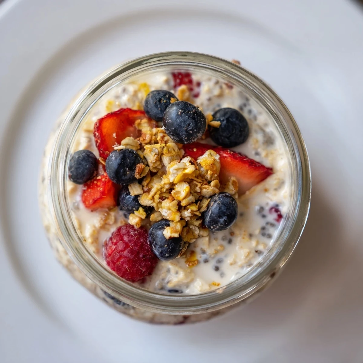 Beautifully prepared jars filled with overnight oats, topped with granola and ready for a grab-and-go breakfast.