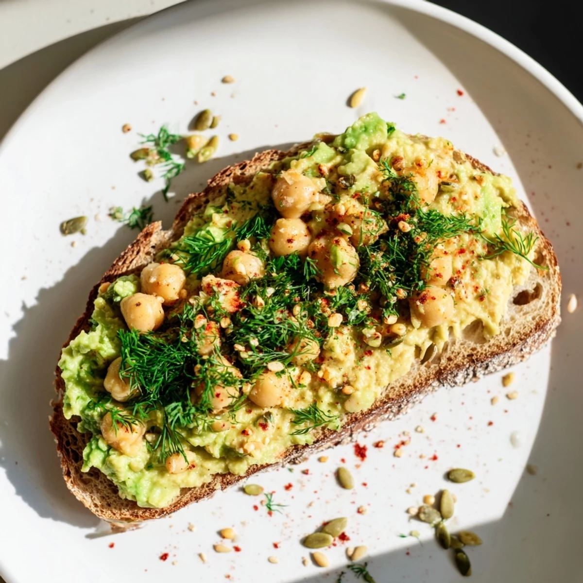 Creamy avocado toast with chickpeas and herbs, speckled with fresh herbs ready for a satisfying breakfast.