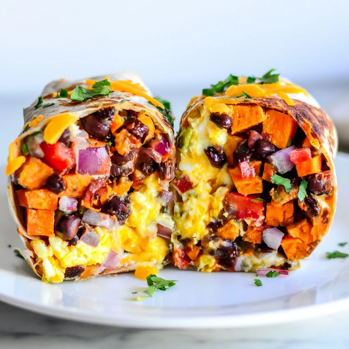 Steaming sweet potato and black bean breakfast burritos filled with cheese and flavorful roasted vegetables.