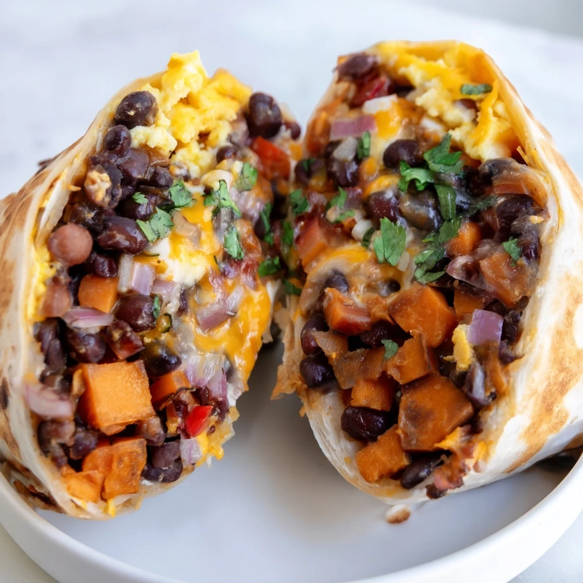 Golden-brown, toasted sweet potato & black bean breakfast burritos ready to enjoy with a satisfying vegetarian fill.