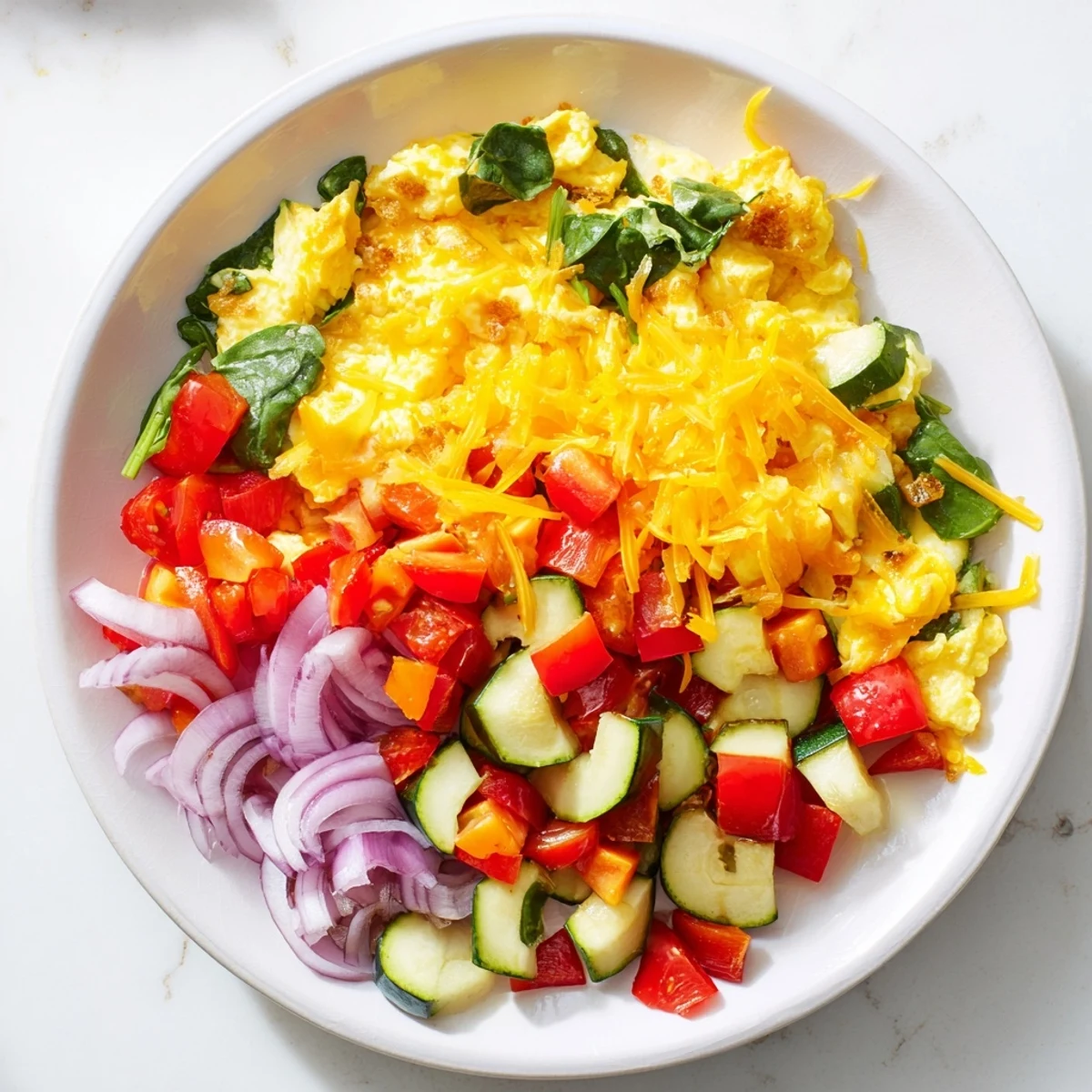 Golden, fluffy Egg & Veggie Sheet Pan Scramble with roasted vegetables, ready to serve for breakfast.
