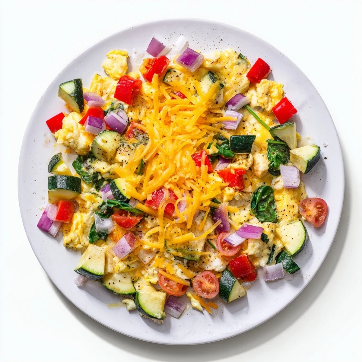 Enjoy a delightful view of a warm Egg & Veggie Sheet Pan Scramble, perfect for a hearty vegetarian meal.