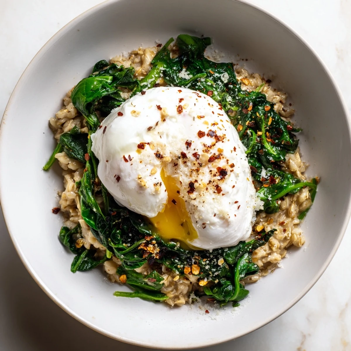 Creamy savoury oatmeal topped with a perfect poached egg, ready to be enjoyed as a warming vegetarian meal.