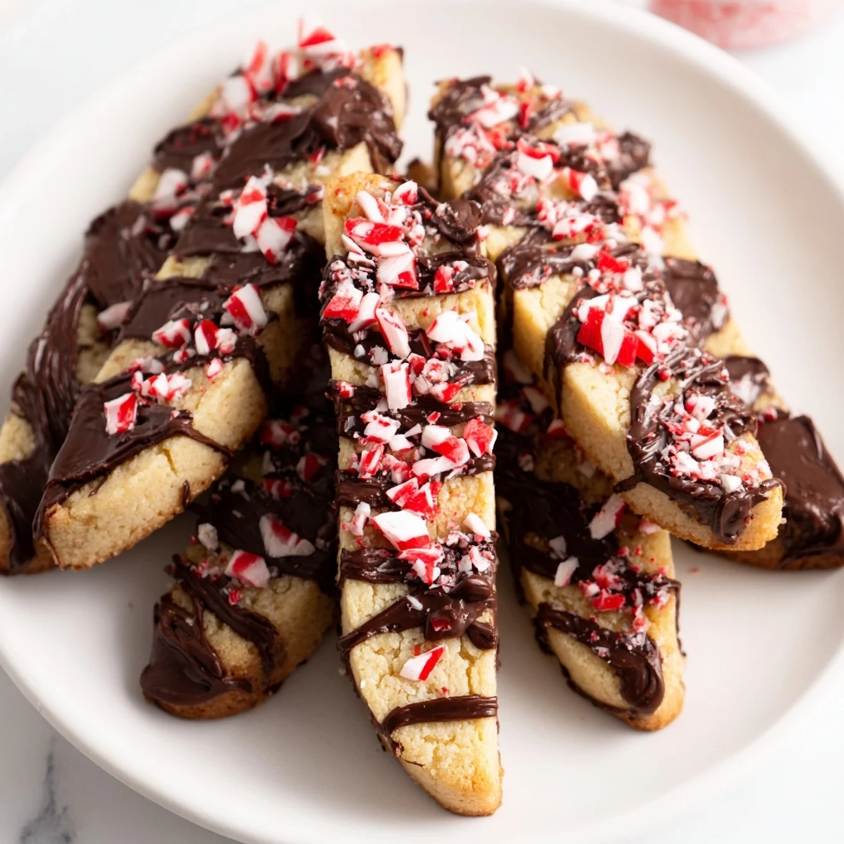 Golden, flaky chocolate peppermint shortbread wedges topped with drizzled chocolate, perfect for holiday gatherings.