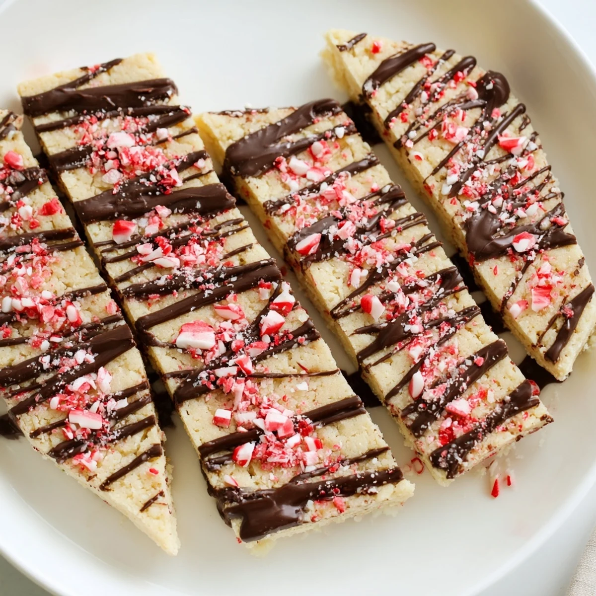 Freshly baked chocolate peppermint shortbread wedges with a peppermint candy sprinkle, ready to enjoy with coffee.