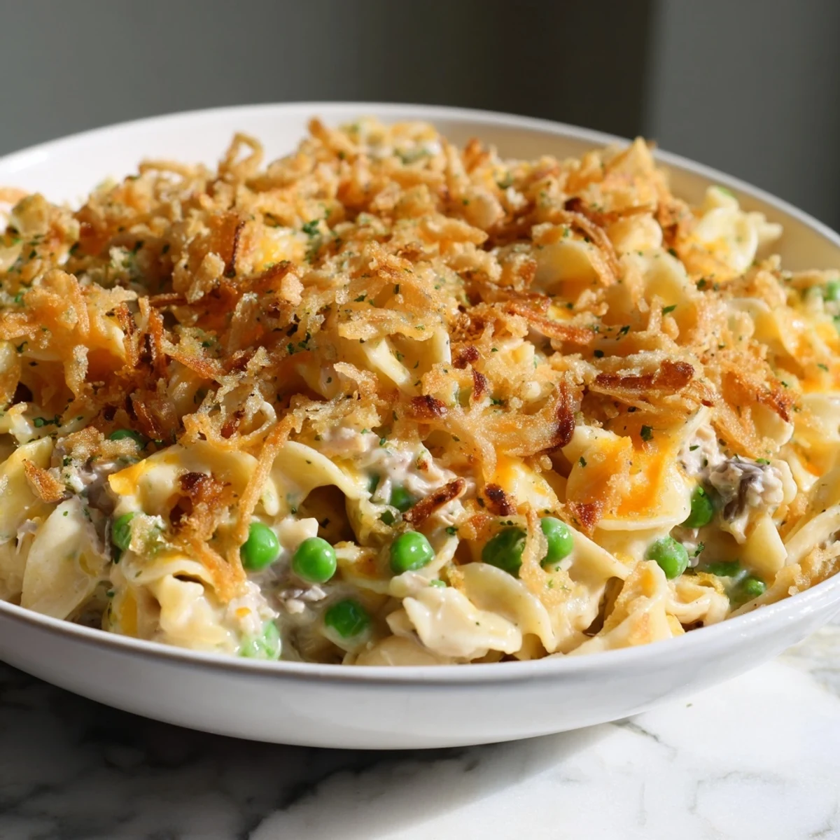 Warm creamy tuna noodle casserole: a close-up shows tender noodles and rich, savory flavors.