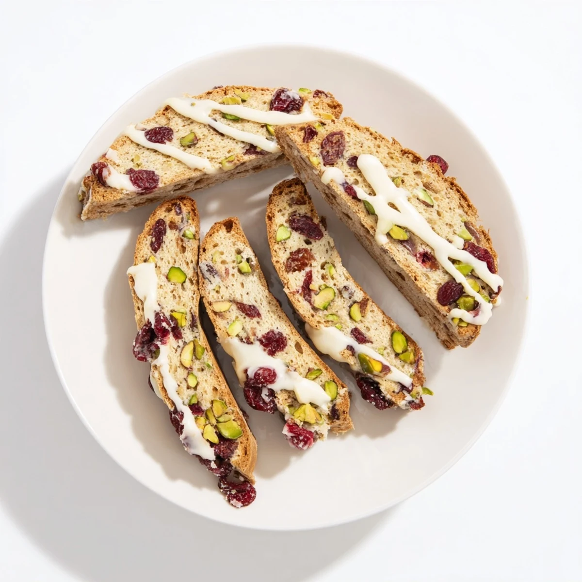 Festive landscape of white chocolate cranberry pistachio biscotti, adorned with toasted pistachios and drizzled chocolate.