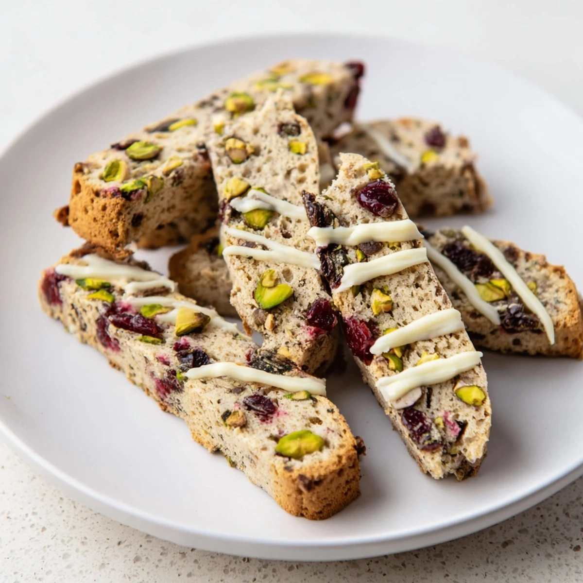 Crisp white chocolate cranberry pistachio biscotti with sweet white chocolate drizzle and crunchy textures.