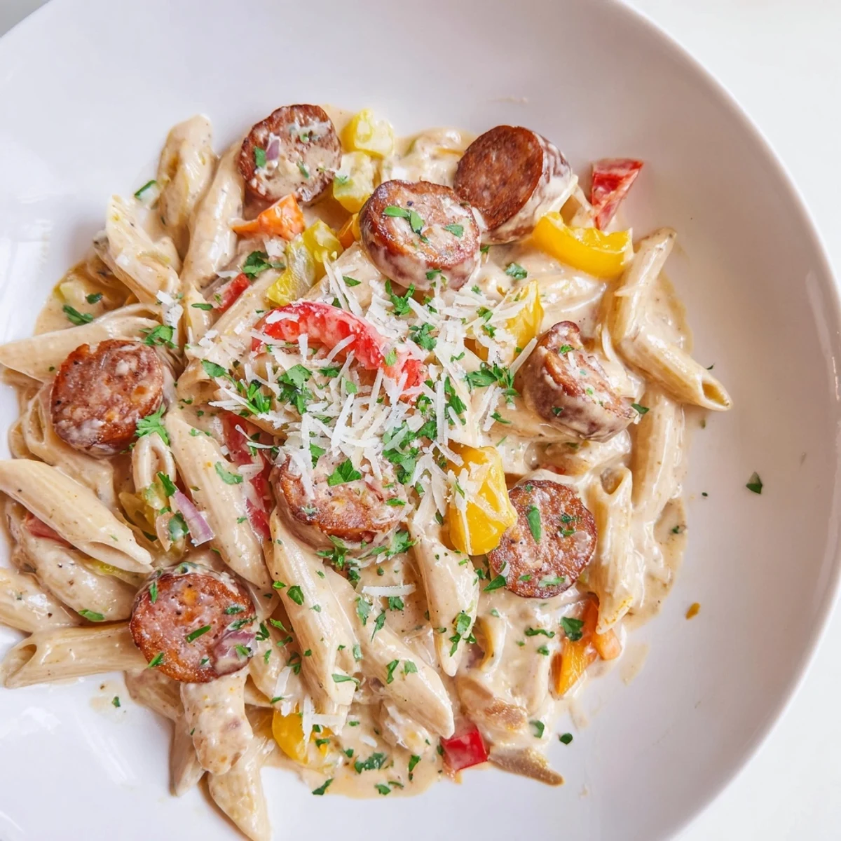 A photo shows creamy Cajun Spiced Smoked Sausage Alfredo, a one-pot meal bursting with flavor.