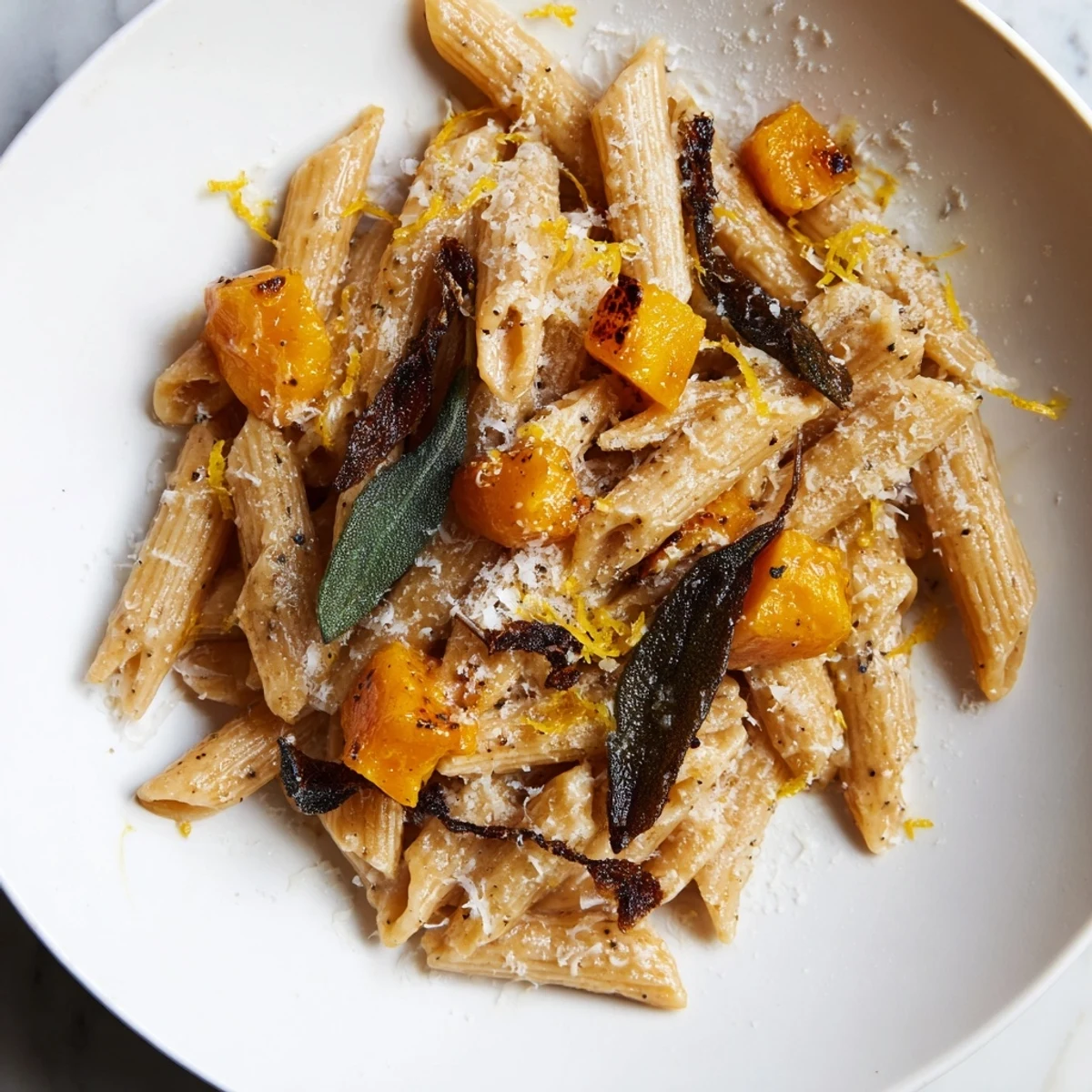 Creamy Brown Butter Pasta with Butternut Squash and Sage, with vibrant squash and perfect pasta swirls.