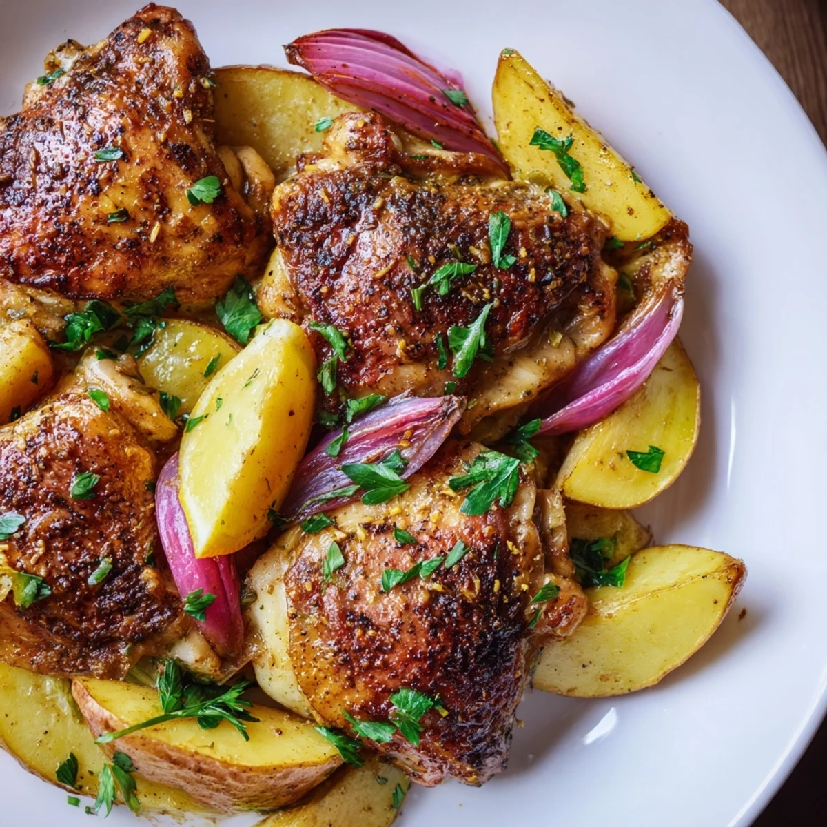 Golden, crispy Greek Lemon Chicken and Potatoes, perfectly roasted with herbs and a tangy lemon glaze.