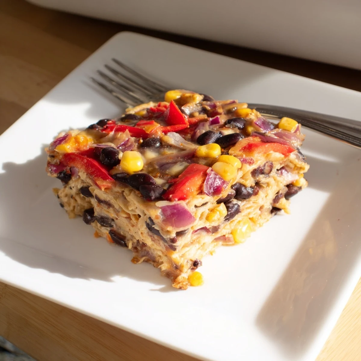Quick Black Bean and Corn Tortilla Casserole bubbling with melted cheese and fresh cilantro for garnish.