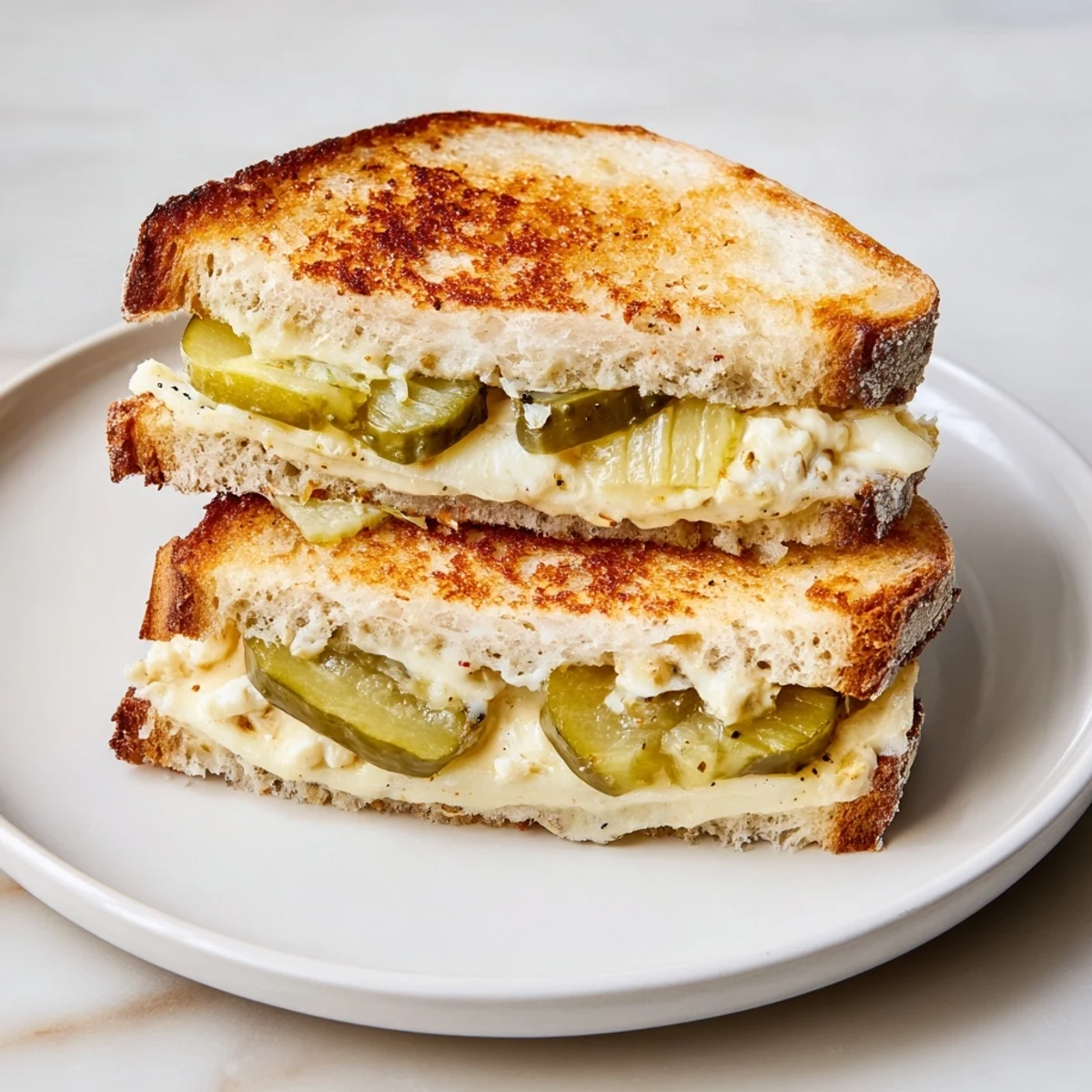 Golden-brown Gooey Pickle Grilled Cheese, a melty, cheesy sandwich oozing with tangy pickle slices.